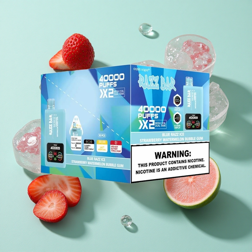 Razz Bar 40000 Puffs Mavi Ahududu Buz-Çilek Karpuz Balon Şeker Güç Ekran Gösterimi Tip-C Port