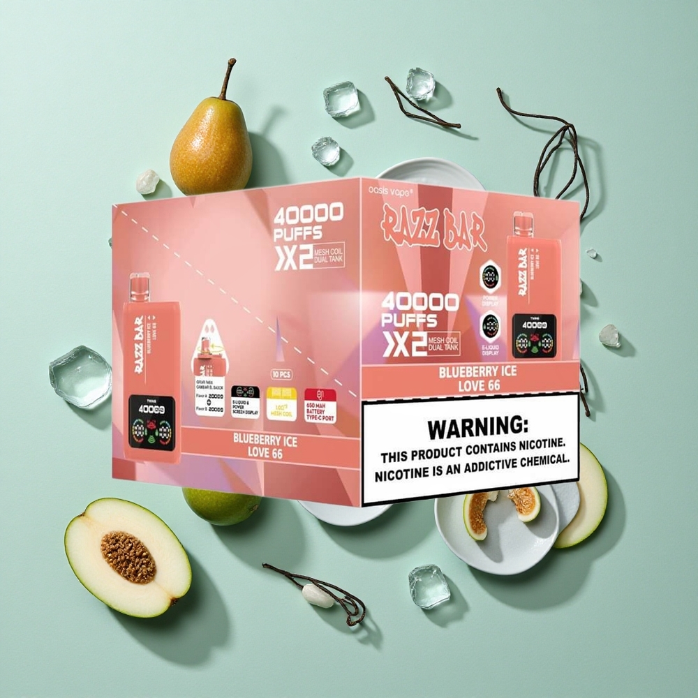Razz Bar 40000 Puffs Çift Ekran Gösterimi ve Tip-C Port Ahududu Buzu Aşk 66