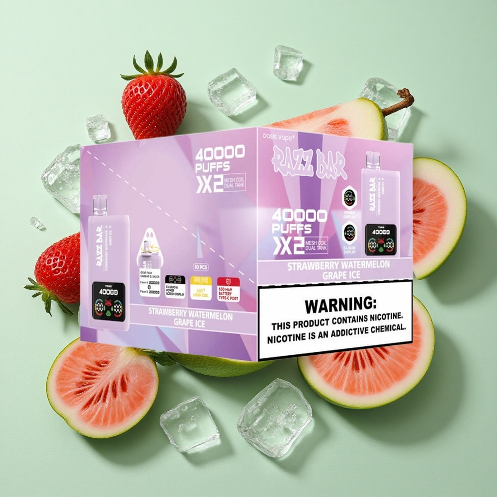Razz Bar 40000 Puffs Çilek Karpuz_Üzüm Buz Tip-C Port ve Güç Ekran Gösterimi
