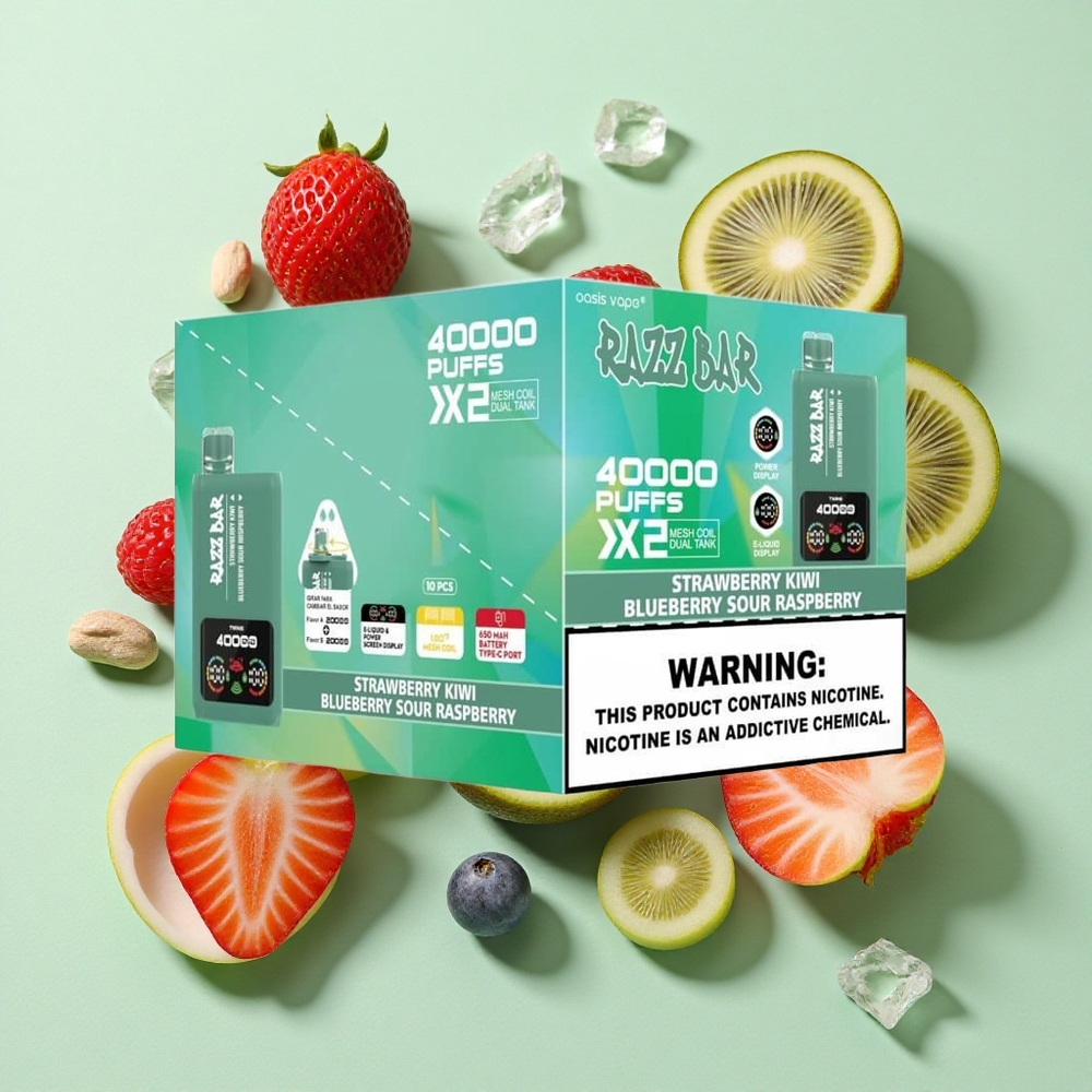Razz Bar 40000 Puffs Çilek Kivi_Yaban Mersini Ekşi Ahududu Güç Ekran Gösterimi %2,%5 Nikotin İçeriği