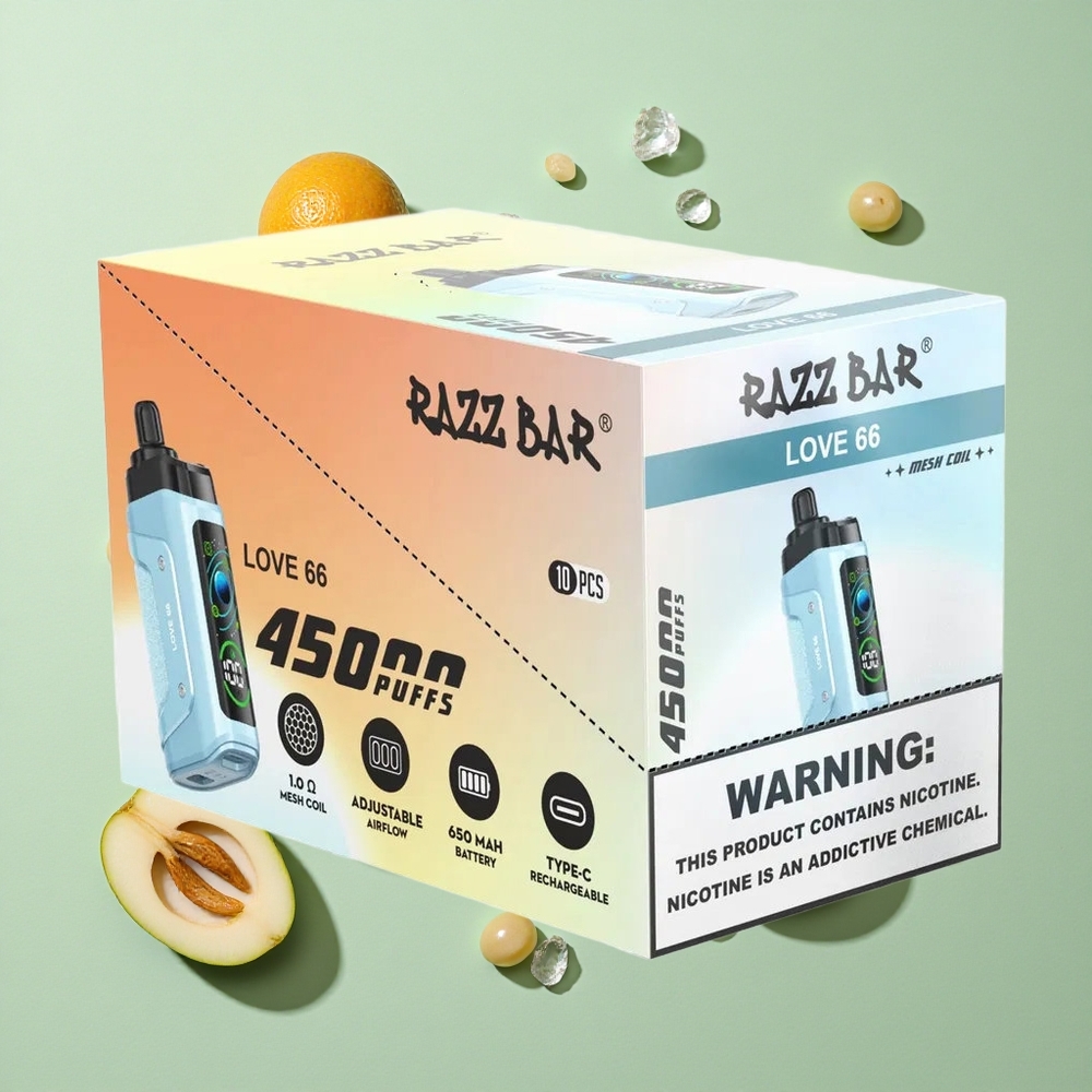Razz Bar 45000 Puffs Ahududu Aşkı 66 1.0 Ohm Örgülü Seramik Bobin Tip-C Şarj Edilebilir