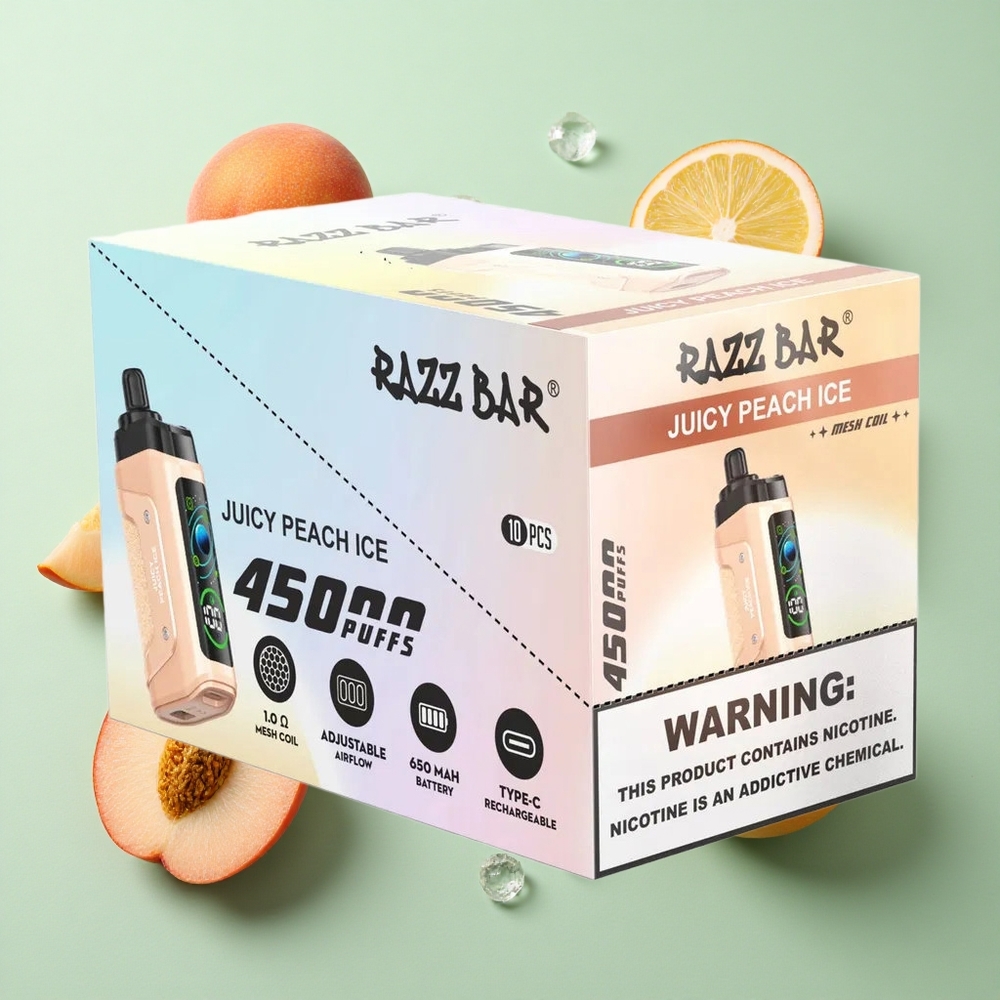 Razz Bar 45000 Puffs Ayarlanabilir Hava Akışı Juşi Şeftali Buz Tip-C Şarj Edilebilir