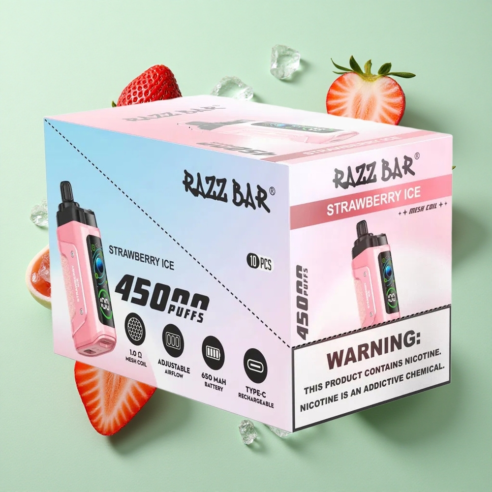 Razz Bar 45000 Puffs Çilek Buz 1.0 Ohm Mesh Bobin ve Ayarlanabilir Hava Akışı