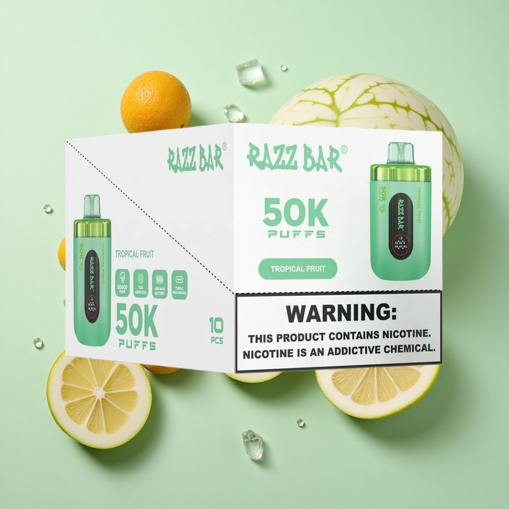 Razz Bar 50K Puffs Tropikal Meyve 1.0 Ohm Örgülü Seramik Bobin Tip-C Şarj Edilebilir