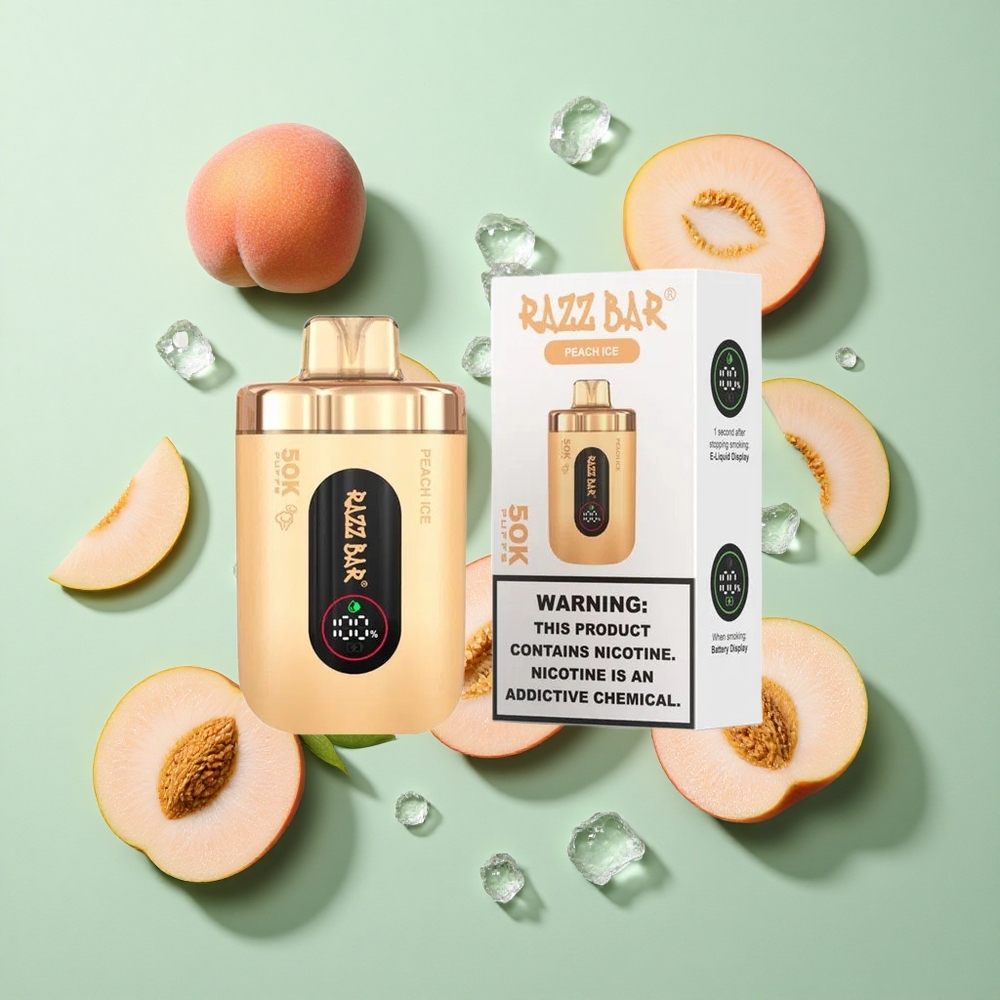 Razz Bar 50K Puffs Şeftali Buz Tek Kullanımlık Vape 1.0 Ohm Mesh Coil ve 650 Mah Pil