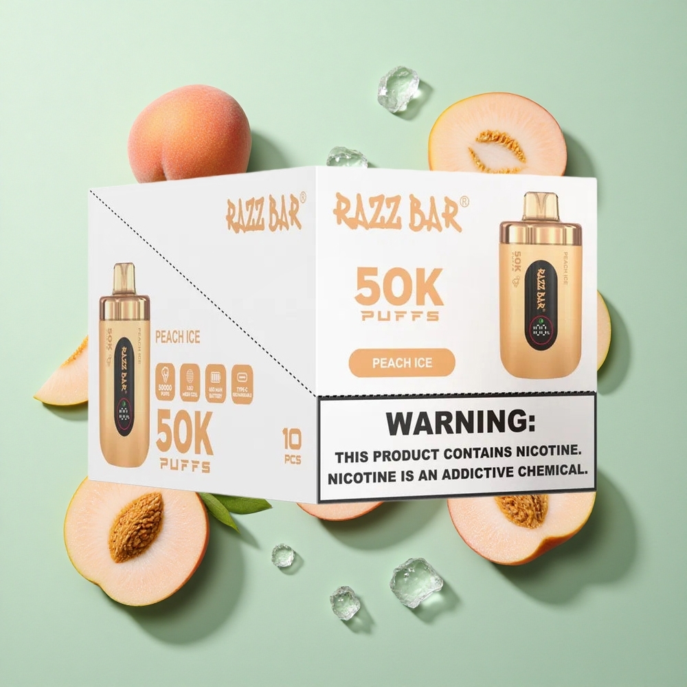 Razz Bar 50K Puffs Şeftali Buz Tek Kullanımlık Vape 1.0 Ohm Mesh Coil ve 650 Mah Pil