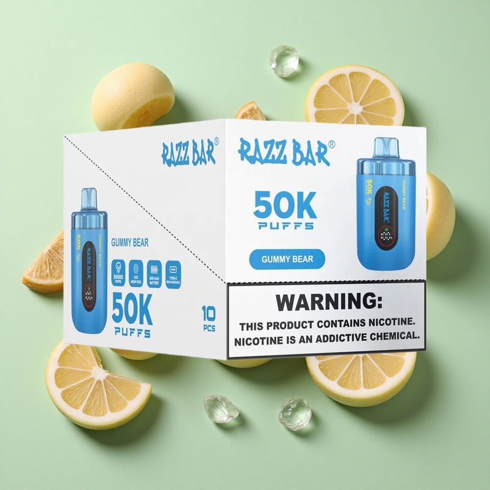 Razz Bar 50K Puffs Şeker Ayı 1.0 Ohm Örgülü Serpme ve 650 Mah Pil