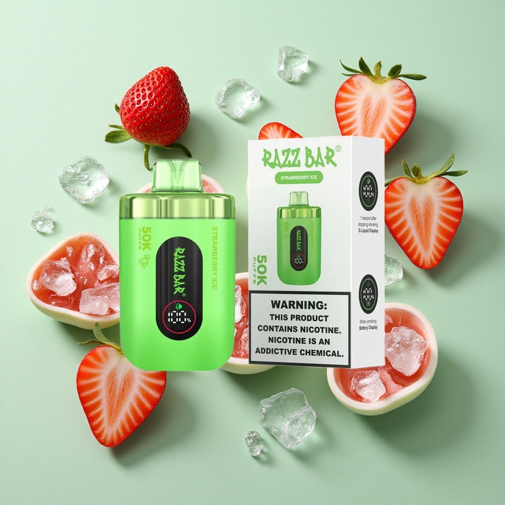 Razz Bar 50K Puffs Çilek Buz 1.0 Ohm Örgülü Seramik Bobin Tip-C Şarj Edilebilir