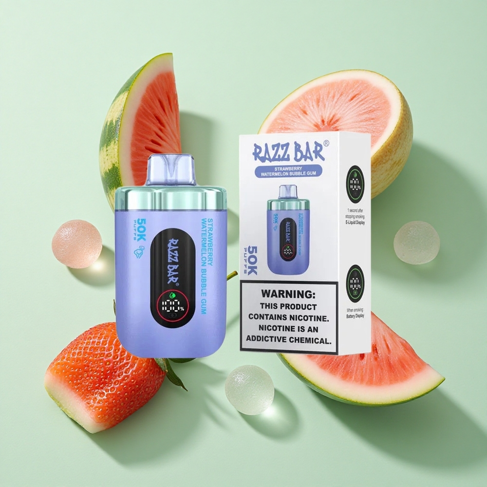 Razz Bar 50K Puffs Çilek Karpuz Balon Şeker 1.0 Ohm Mesh Bobin Tip-C Şarjlı