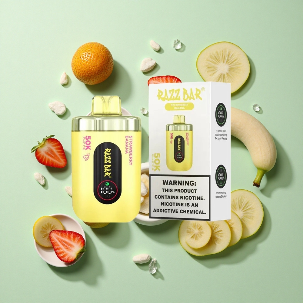 Razz Bar 50K Puffs Çilek Muz Tek Kullanımlık Vape 1.0 Ohm Mesh Bobin ve Tip-C Şarj Edilebilir