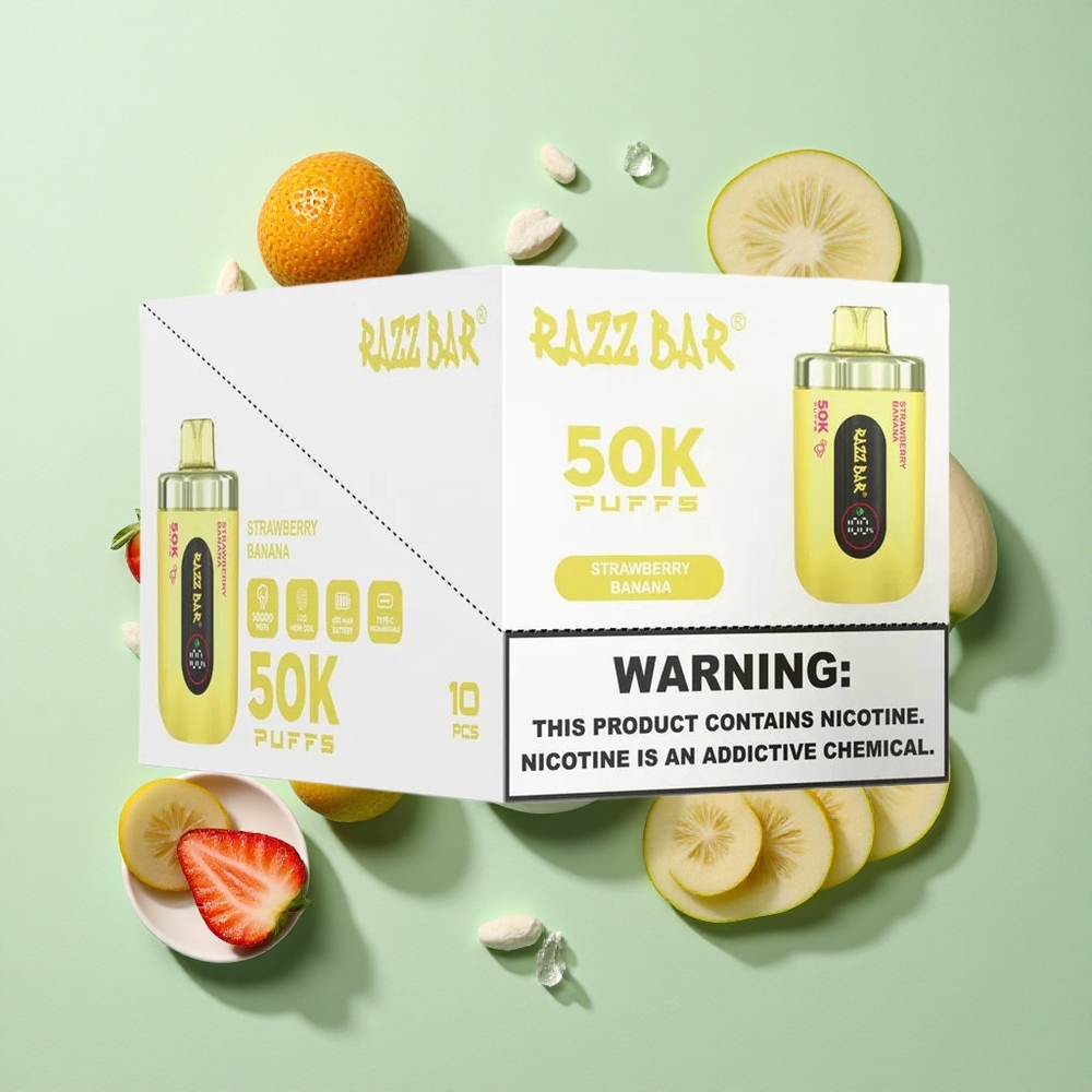Razz Bar 50K Puffs Çilek Muz Tek Kullanımlık Vape 1.0 Ohm Mesh Bobin ve Tip-C Şarj Edilebilir