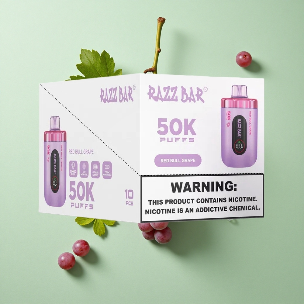 Razz Bar 50K Puffs Öküzüz ve Üzüm Aromalı 1.0 Ohm Mesh Coil Tip-C Şarjlı