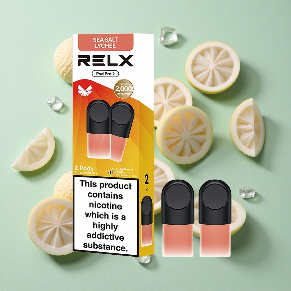 RELX Pod Pro 2 600 Puffs Deniz Tuzu Liçi Nikotin Oranı:%1.8 Voltaj Ayarları:Eko Modu (5.5W),Pürüzsüz Modu (6.5W),Güçlü Modu (8W)
