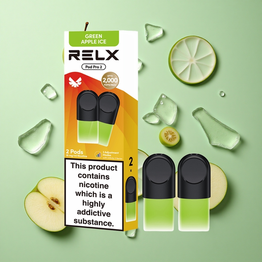 RELX Pod Pro 2 600 Puffs Yeşil Elma Buz Nikotin Oranı:%1,8 Voltaj Ayarı: Eco Modu (5,5W), Smooth Modu (6,5W), Boost Modu (8W)